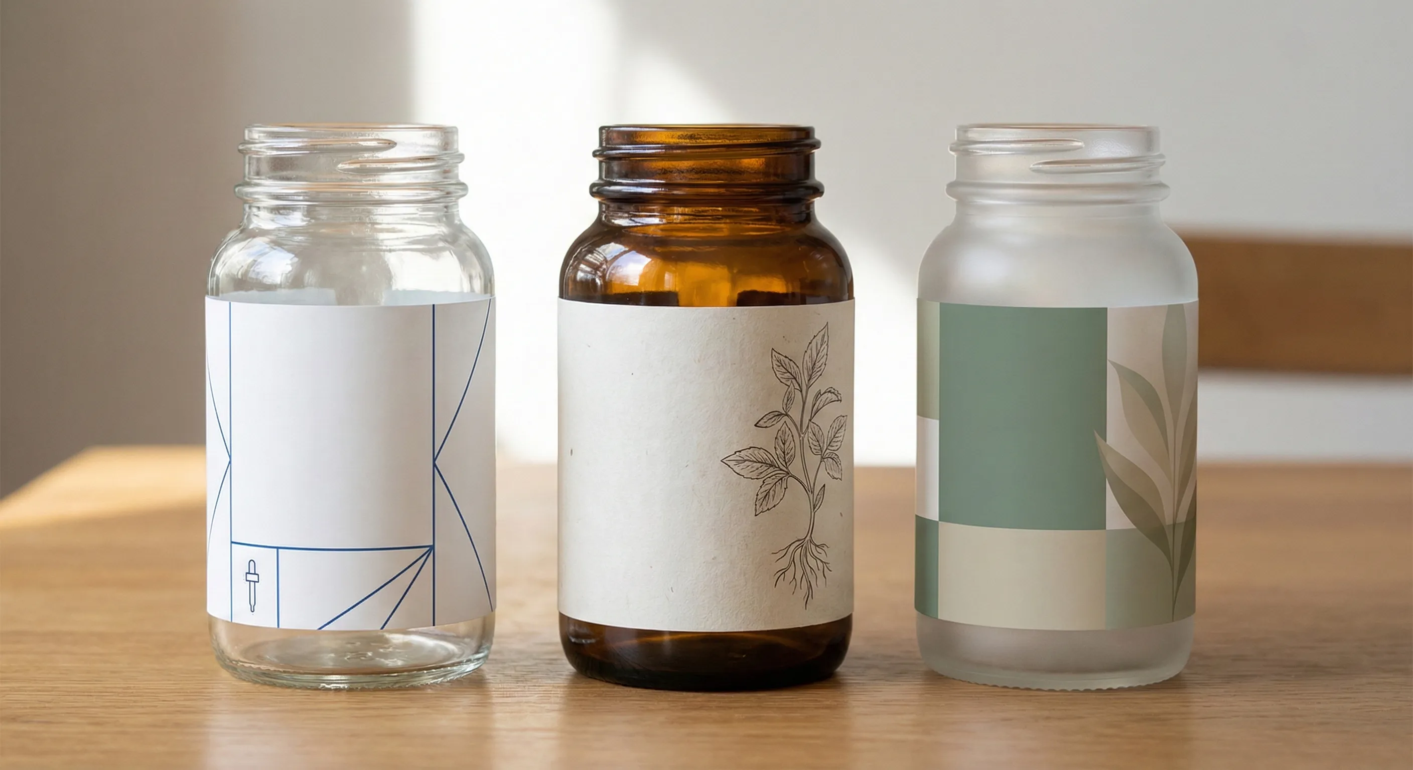 Flacons de compléments alimentaires au design épuré, typographie sans-serif moderne